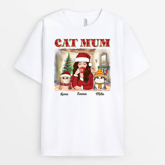 1544AUK1 personalised christmas and cat mum t shirt