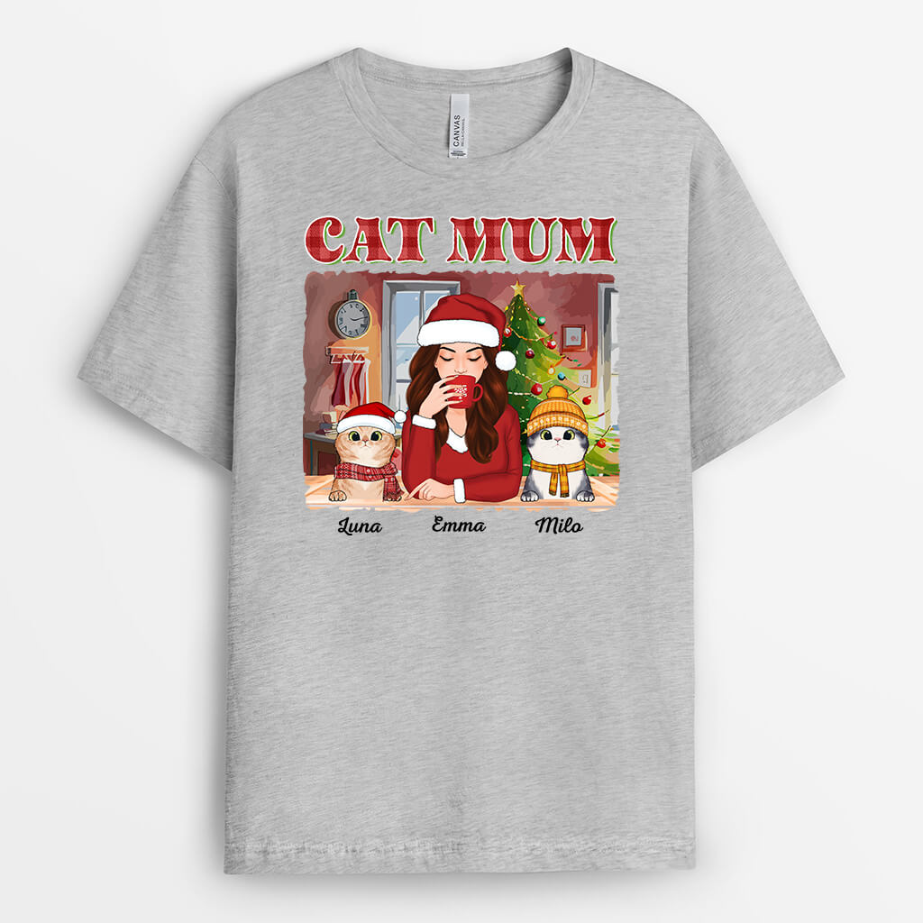 1544AUK2 personalised christmas and cat mum t shirt