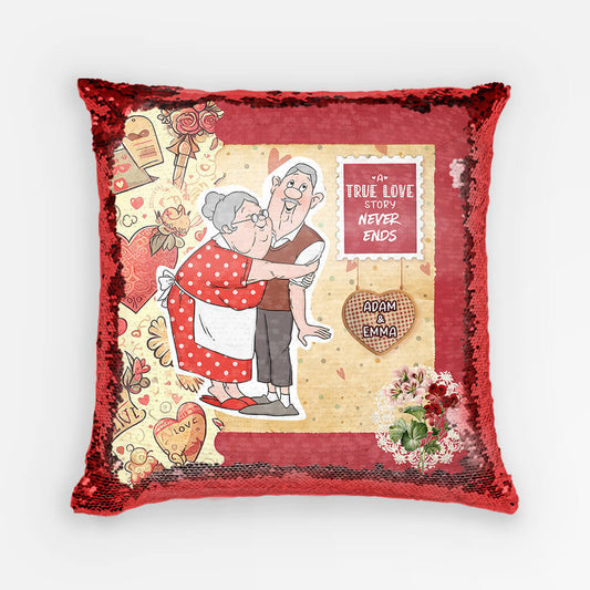 1782PUK1 personalised a true love story never ends sequin pillow