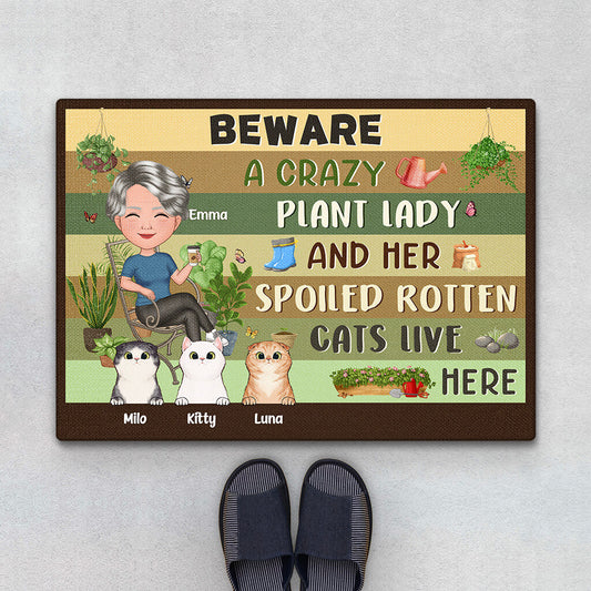 1856DUK1 personalised beware a crazy plant lady doormat