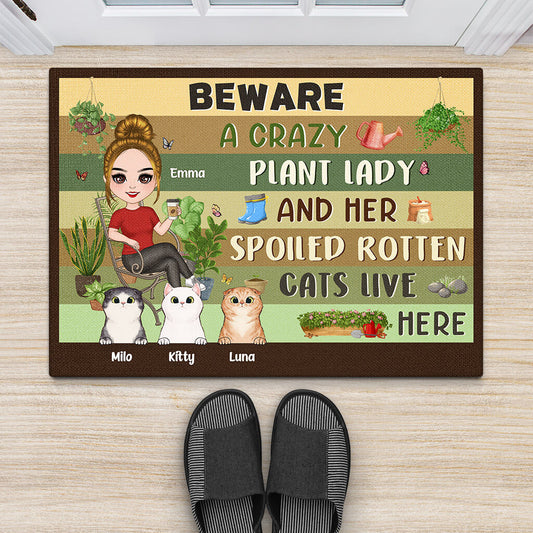 1856DUK2 personalised beware a crazy plant lady doormat