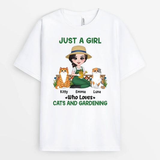 1859AUK1 personalised just a woman who loves cats and gardening t shirt