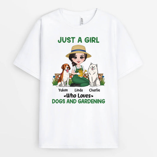 1859AUK1 personalised just a woman who loves dogs and gardening t shirt