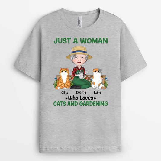 1859AUK2 personalised just a woman who loves cats and gardening t shirt