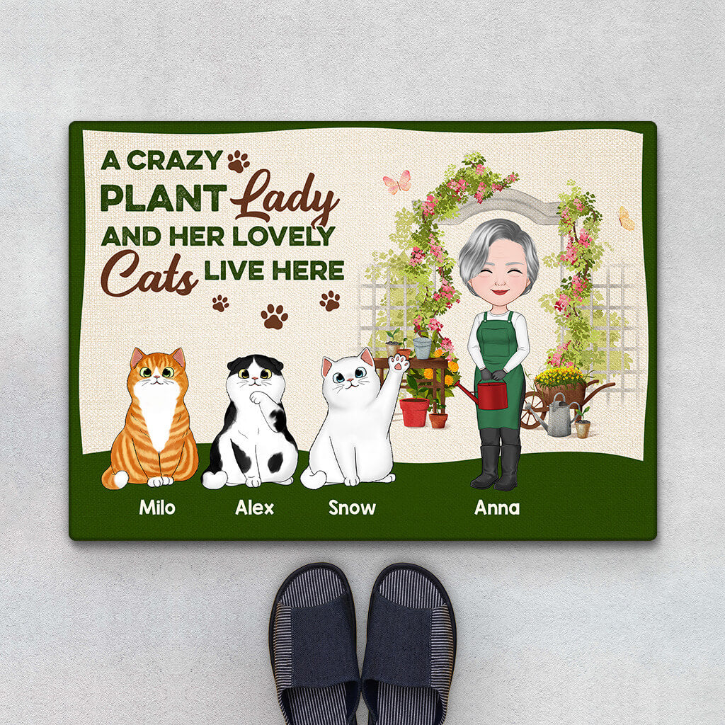 1863DUK1 personalised a crazy plant lady and her lovely cats doormat