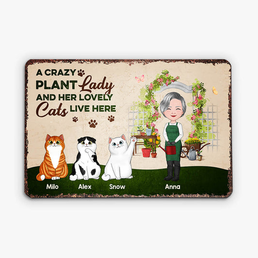 1863EUK1 personalised a crazy plant lady and her lovely cats metal sign