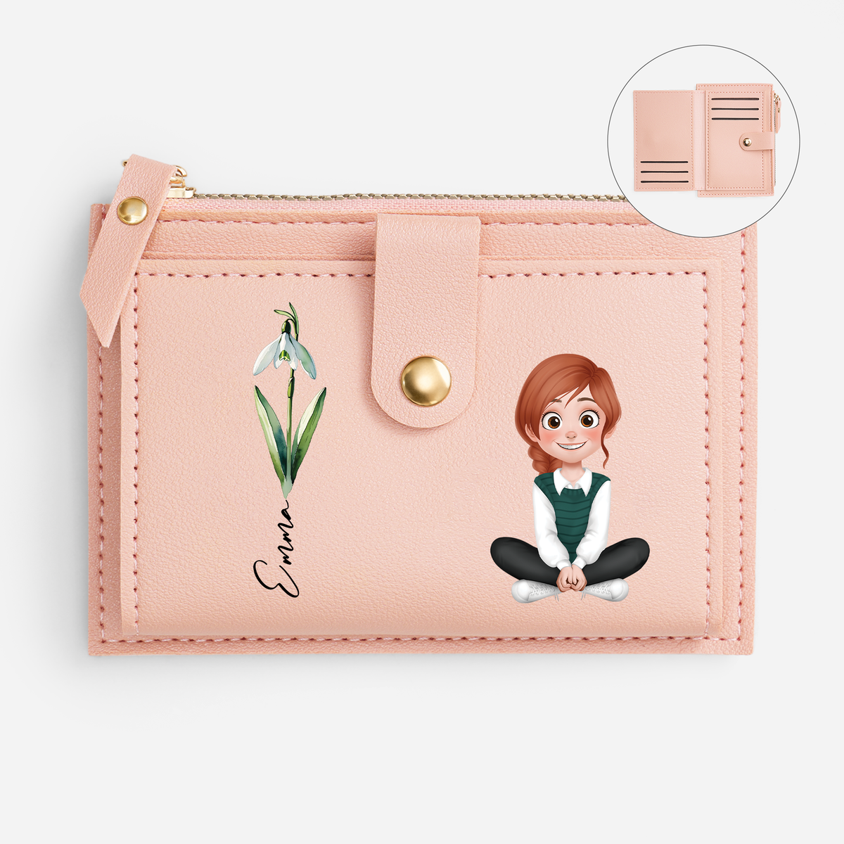 Custom Leather Zipper Wallet for Ladies - Birth Month Flower Gifts ...