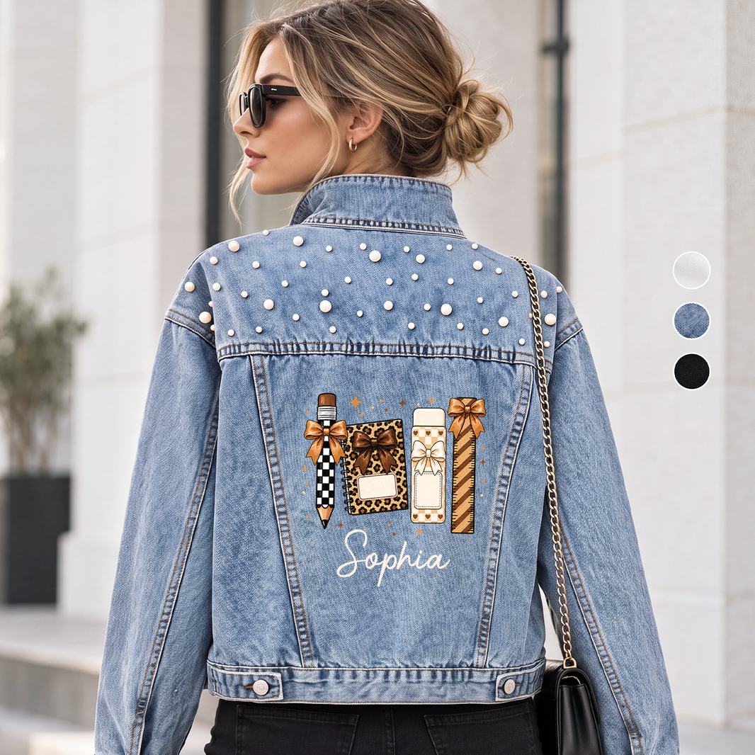 Leopard Teacher Essentials Pearl Denim Jacket - Personalized Gifts for ...