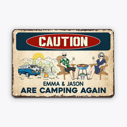2052AUK1 personalised caution theyre camping again metal sign