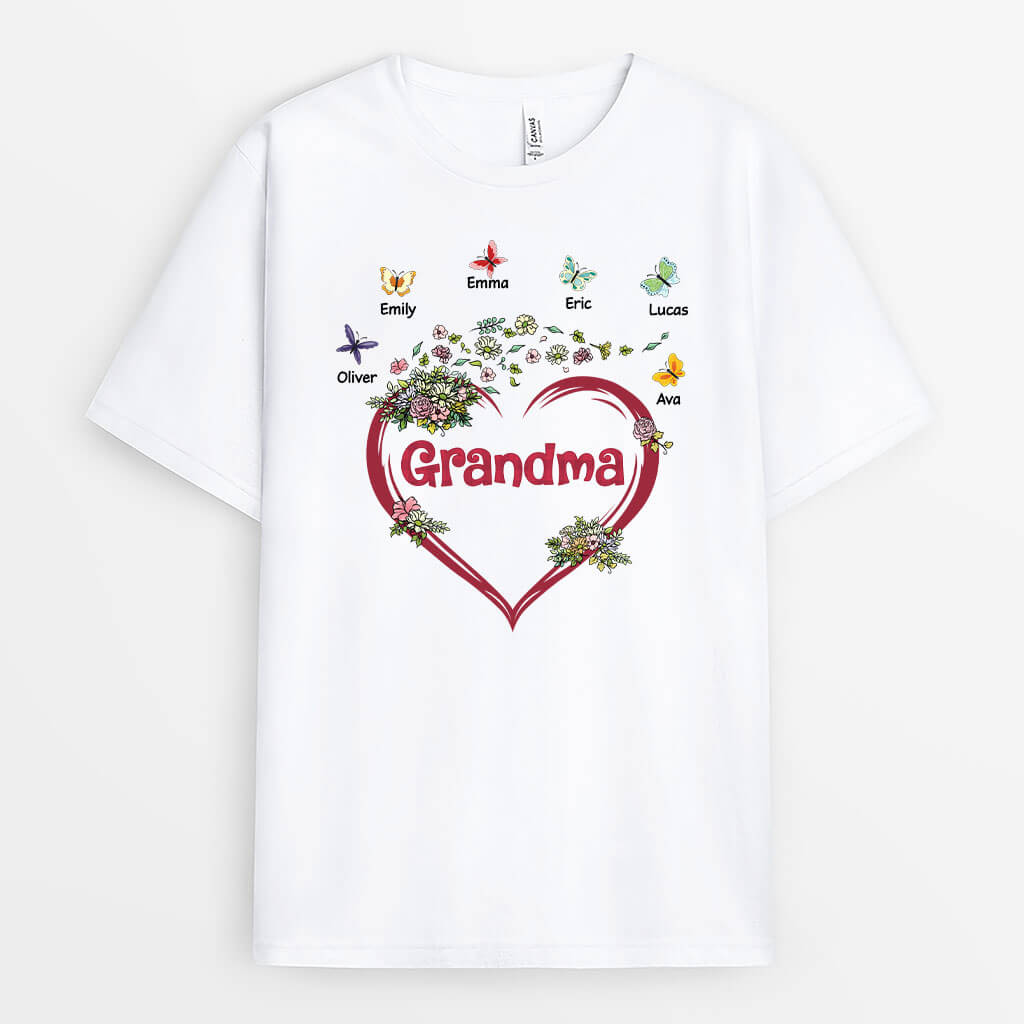 2196AUK1 personalised best grandma heart with flowers t shirt