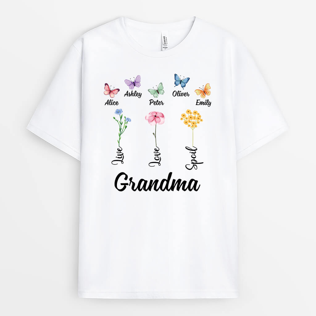 2200AUK1 personalised grandma butterflies and flowers garden t shirt