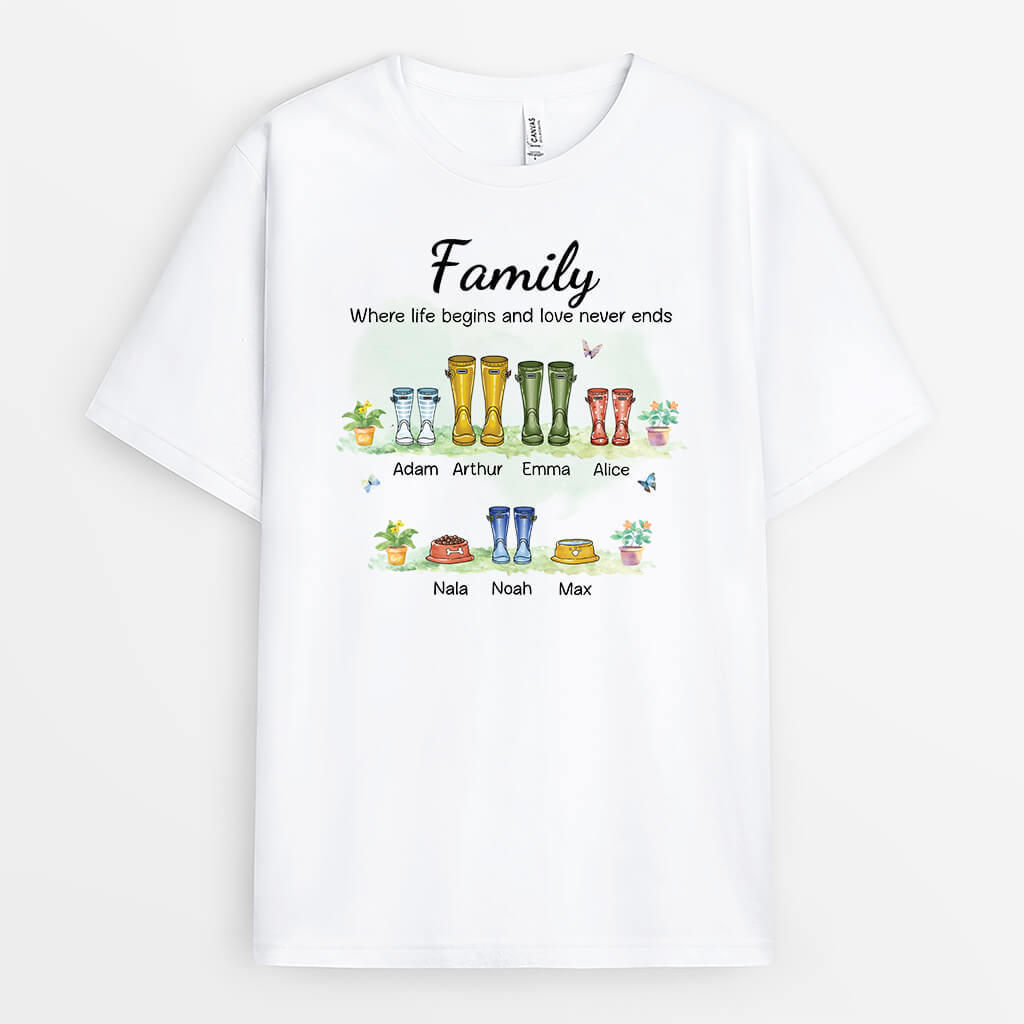 2500AUK1 personalised family life begins and love never ends t shirt