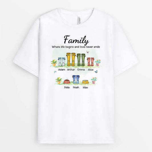 2500AUK1 personalised family life begins and love never ends t shirt