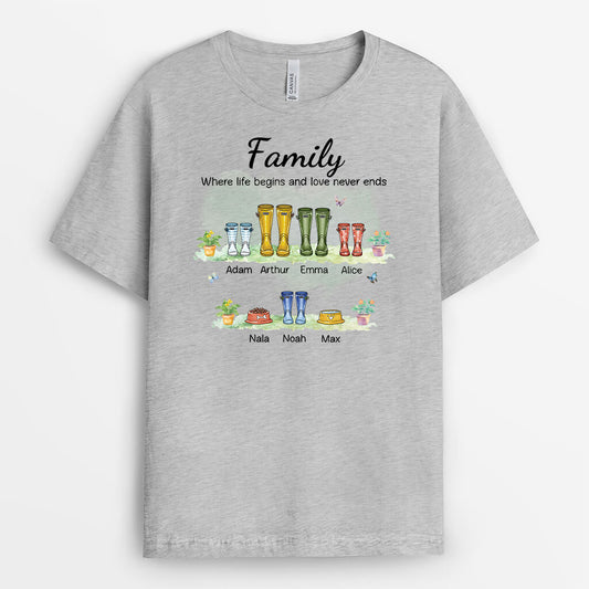 2500AUK2 personalised family life begins and love never ends t shirt