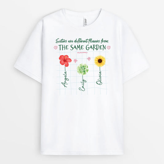 2501AUK1 personalised sisters are different flowers in the same garden t shirt