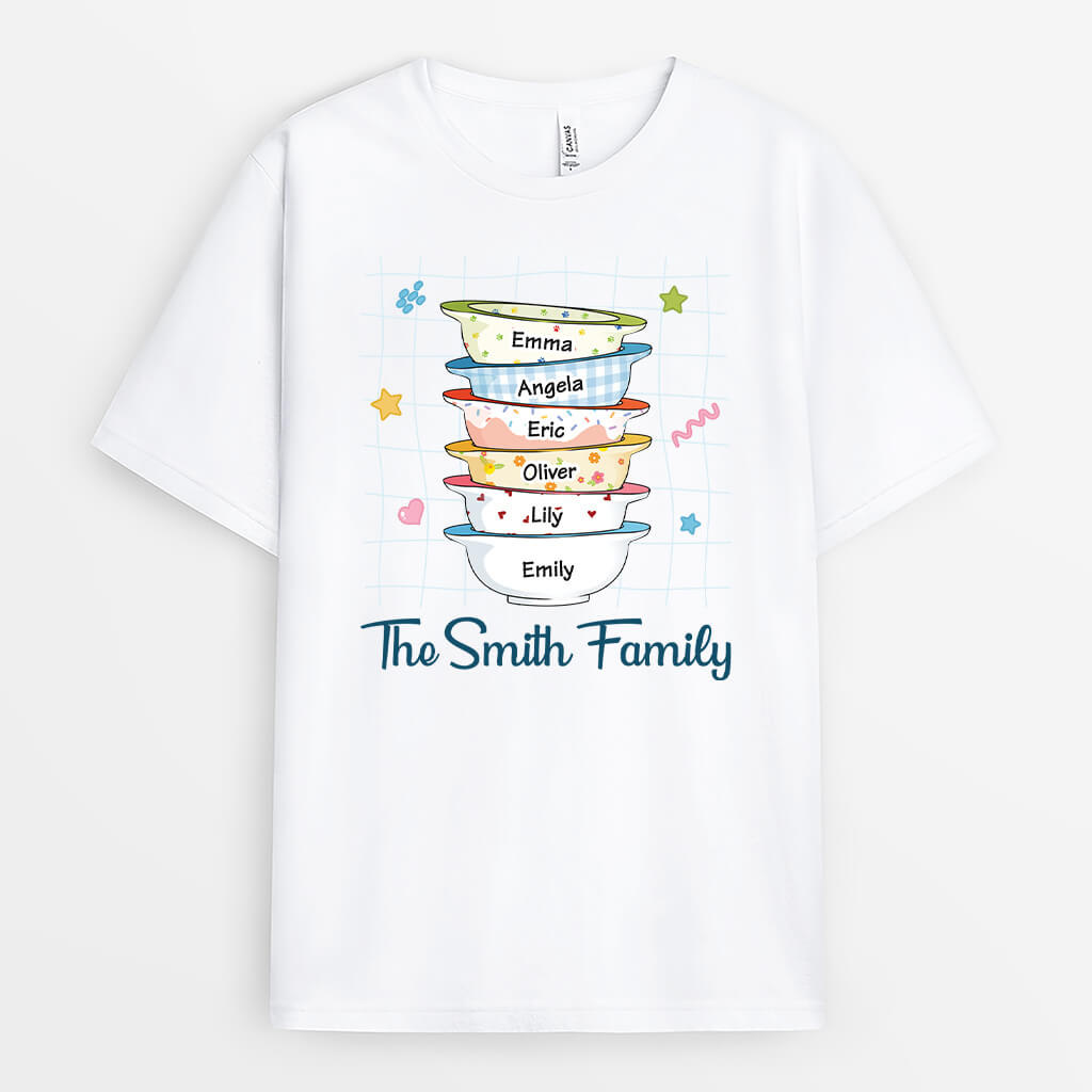 2564AUK1 stacked bowls family names personalised t shirt