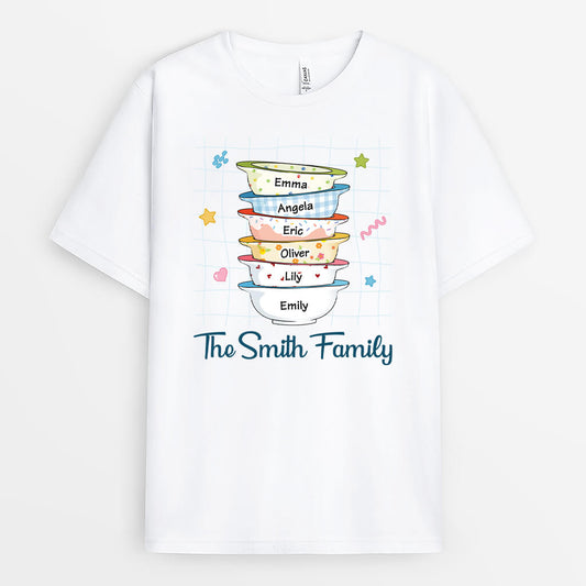 2564AUK1 stacked bowls family names personalised t shirt