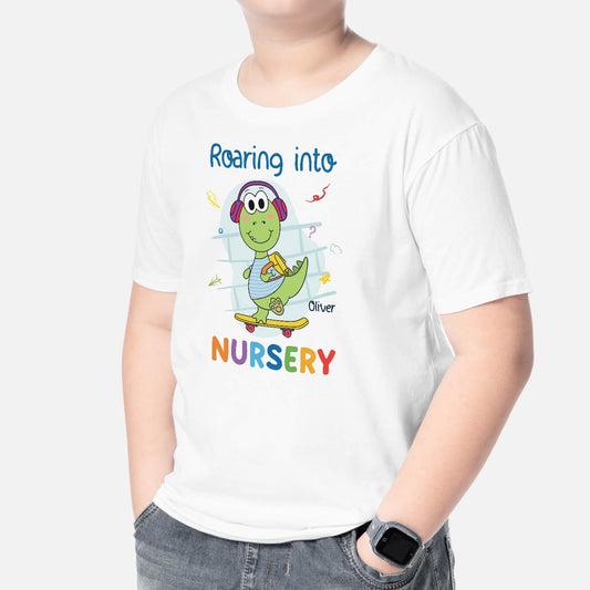 2615AUK2 roaring into nursery personalised t shirt for kids