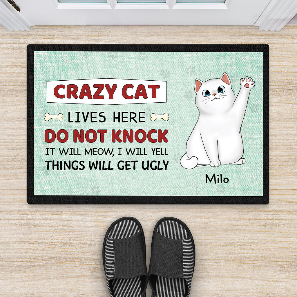 2642DUK2 crazy cat lives here doormat  personalised gifts for cat owners