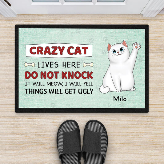 2642DUK2 crazy cat lives here doormat  personalised gifts for cat owners