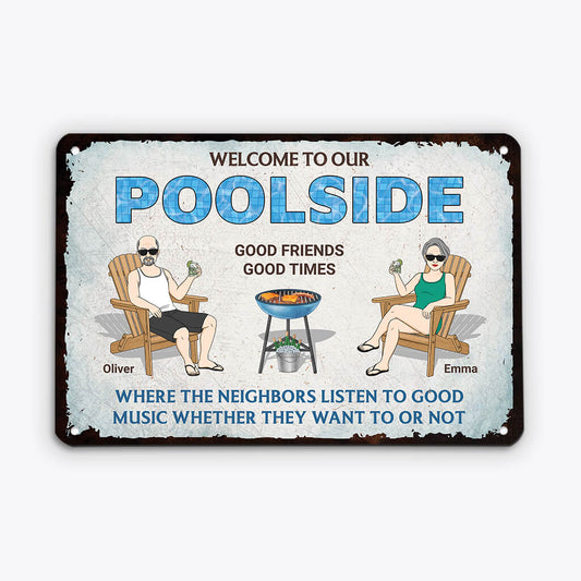 2678EUK2 welcome to our poolside  custom metal signs uk for couple