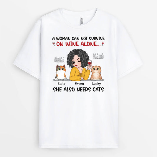 2726AUK1 a woman cant survive on wine alone she also needs cats  custom print t shirt for cat lovers