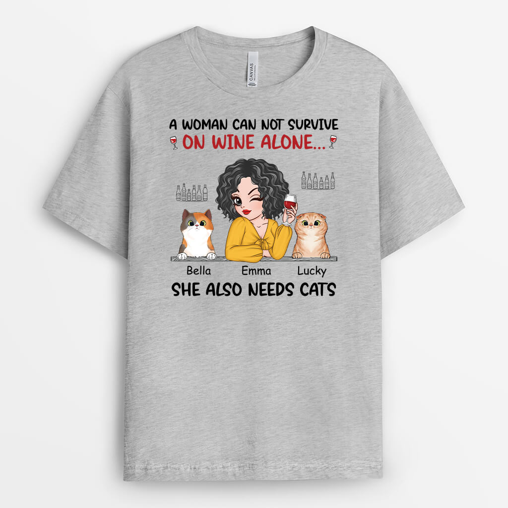 2726AUK2 a woman cant survive on wine alone she also needs cats  custom print t shirt for cat lovers