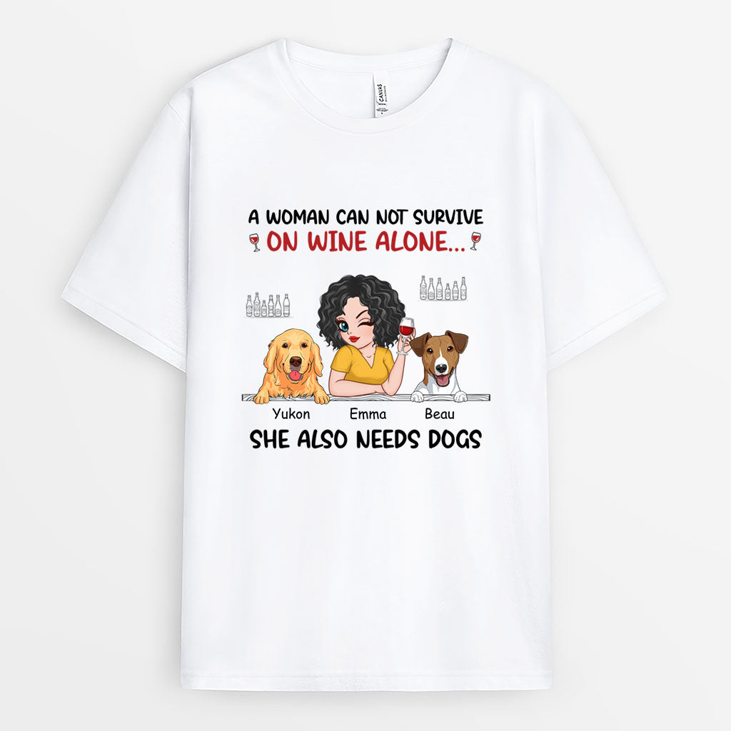 2726AUS1 a woman cant survive on wine alone she also needs dogs  custom print t shirt for dog lovers_1