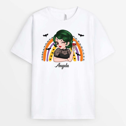 2767AUK1 a woman with halloween rainbow t shirt  personalised halloween gifts for her