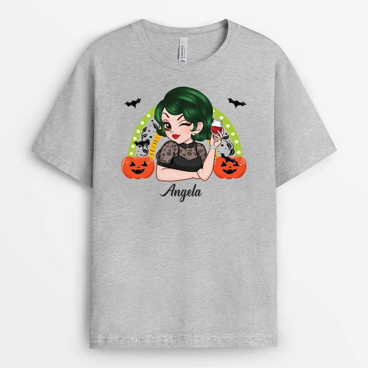 2767AUK2 a woman with halloween rainbow t shirt  personalised halloween gifts for her