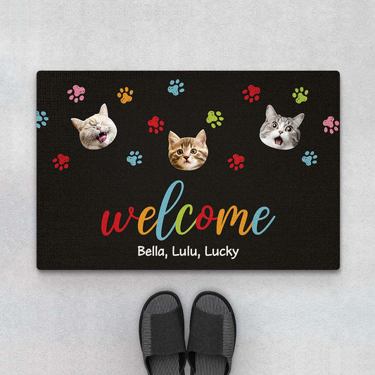 2890DUK1 welcome with funny cat face doormat  personalised gifts for cat lovers