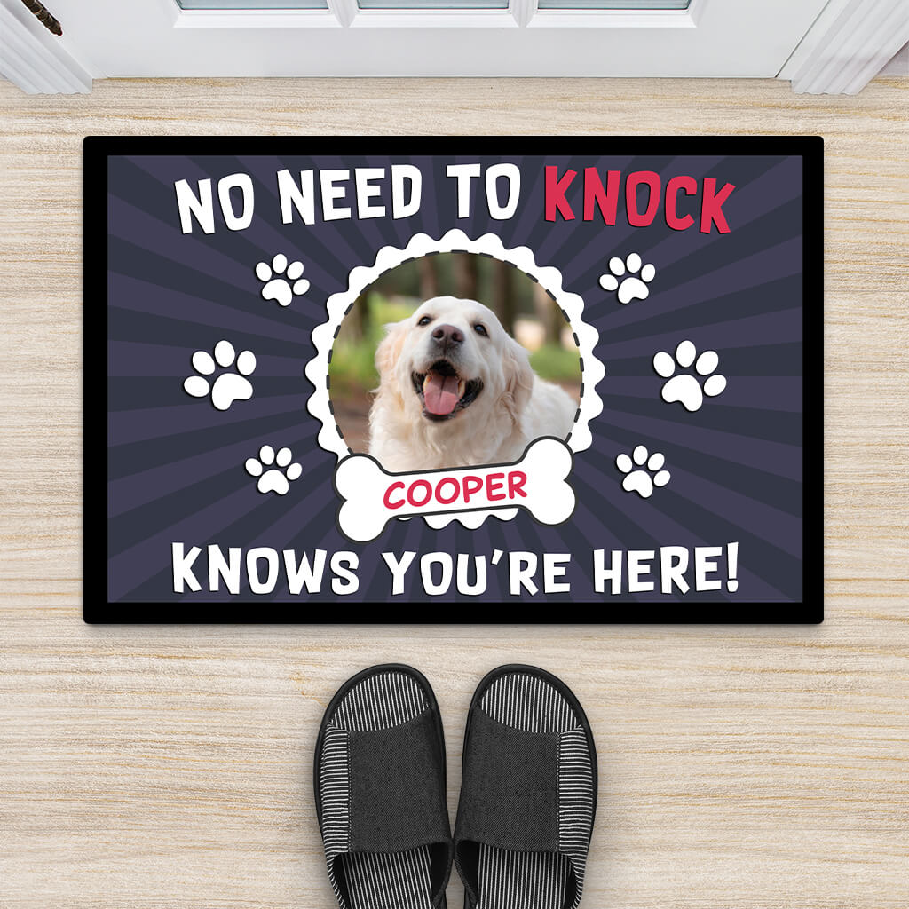 2897DUK2 no need to knock cooper knows youre here doormat  custom dog lover presents