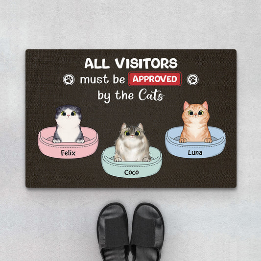 2913DUK1 all visitors must be approved by the cats doormat  personalised cat themed gifts