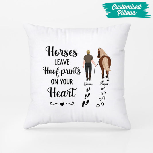 2938PUK2 horses leave hoof prints on your heart pillow  personalised gift for him