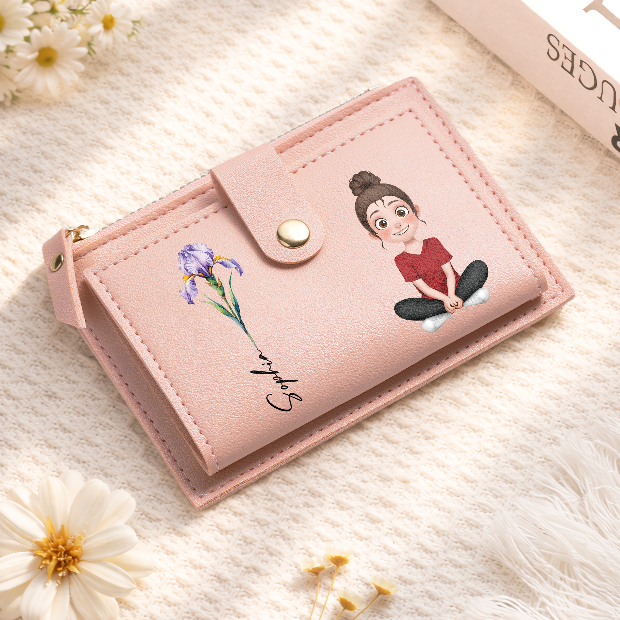 Custom Leather Zipper Wallet for Ladies - Birth Month Flower Gifts ...