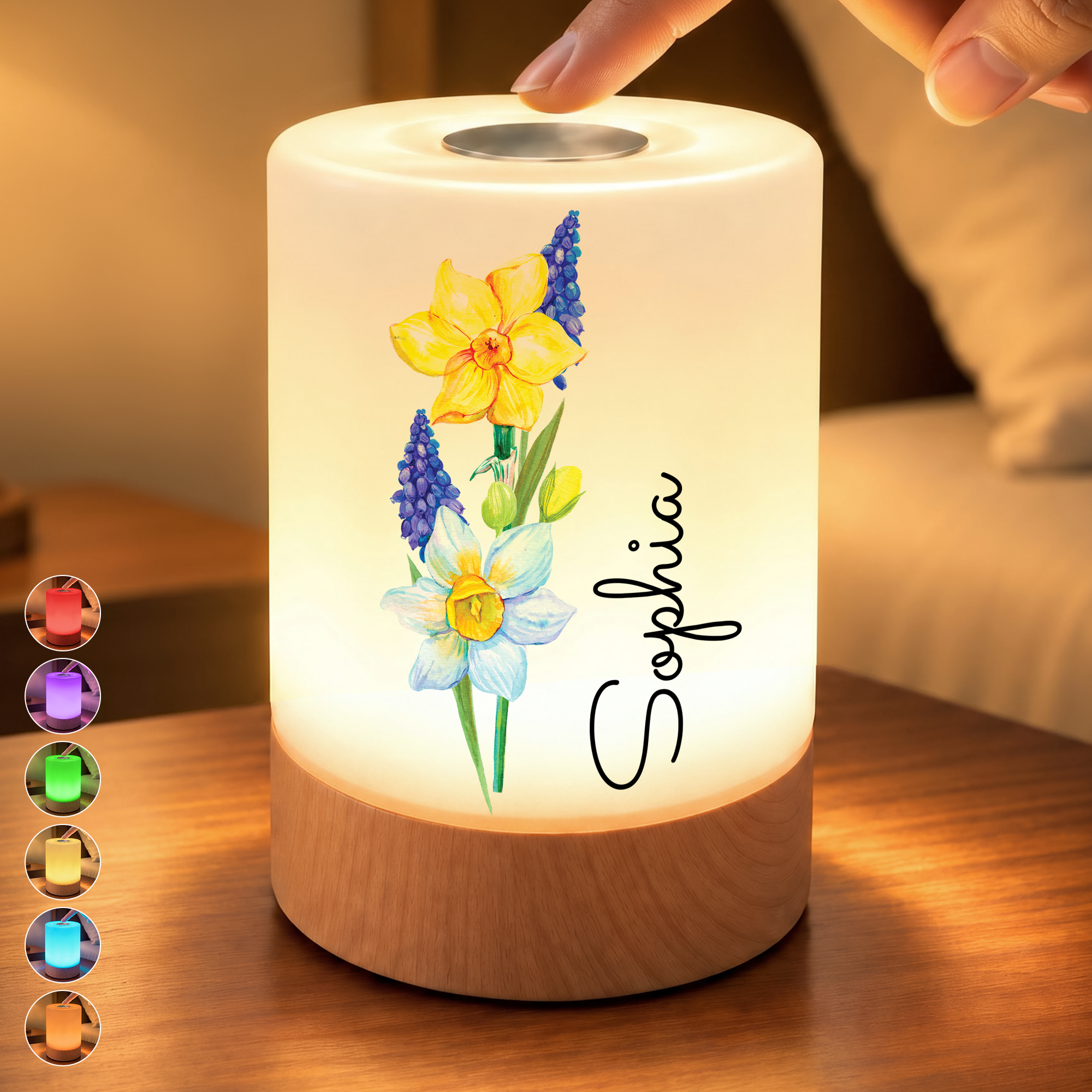 Custom Color Controller Birth Month Flower Touch Control Rechargeable Night Light - Custom Nam ...