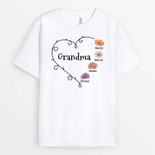 3043AUK1 grandma heart retro flowers  personalised t shirt for grandma