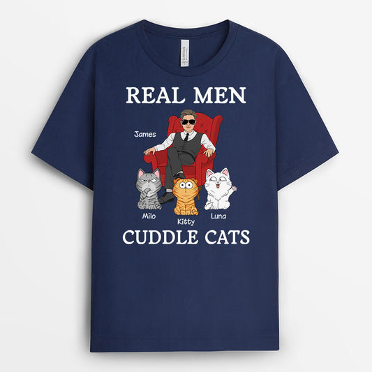 3189AUK1 real men cuddle cats t shirt  personalised presents for cat lovers