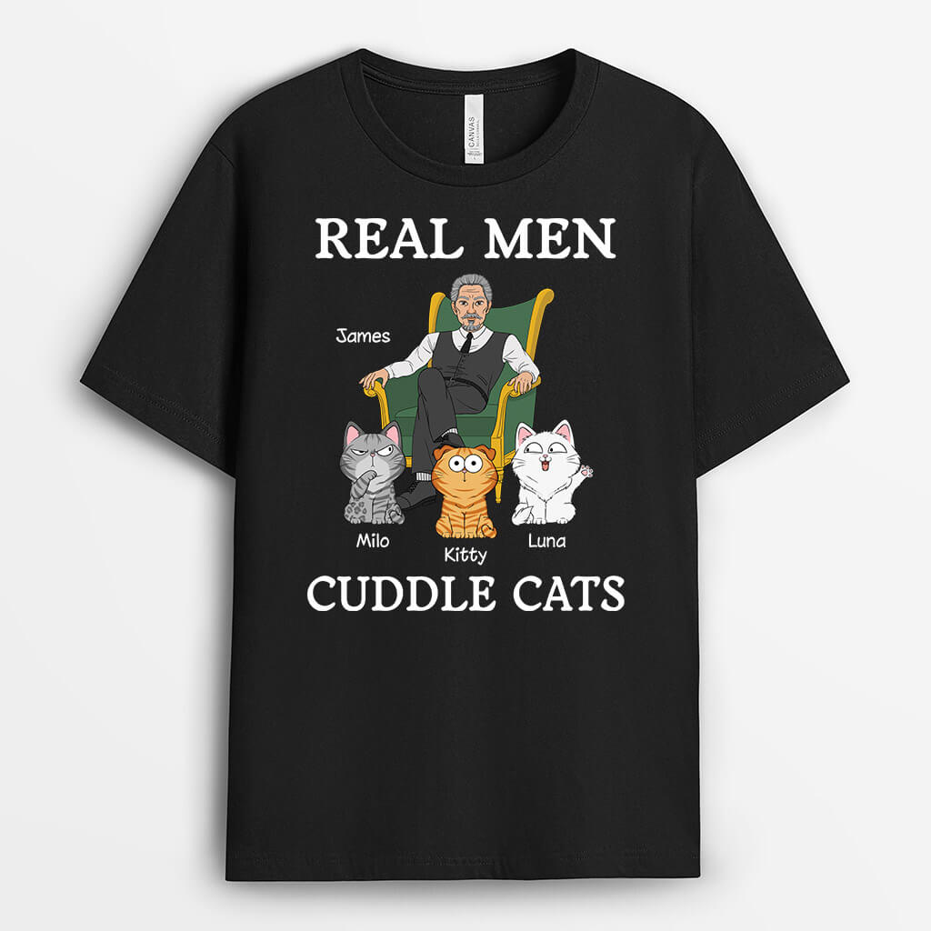 3189AUK2 real men cuddle cats t shirt  personalised presents for cat lovers