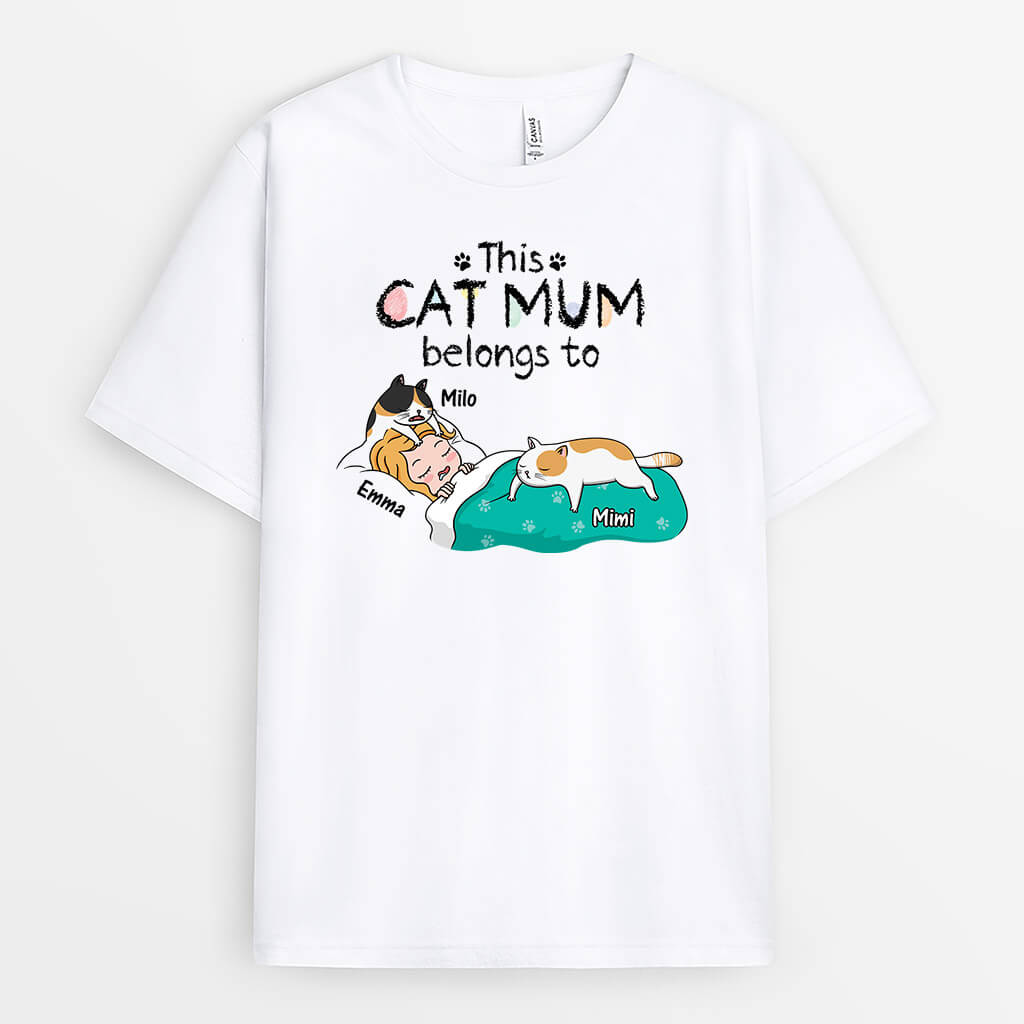 3196AUK1 this cat mum belongs to woman sleeping  personalised t shirt for her