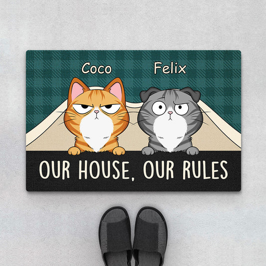 3227DUK1 our house our rules doormat  personalised presents for cat lovers