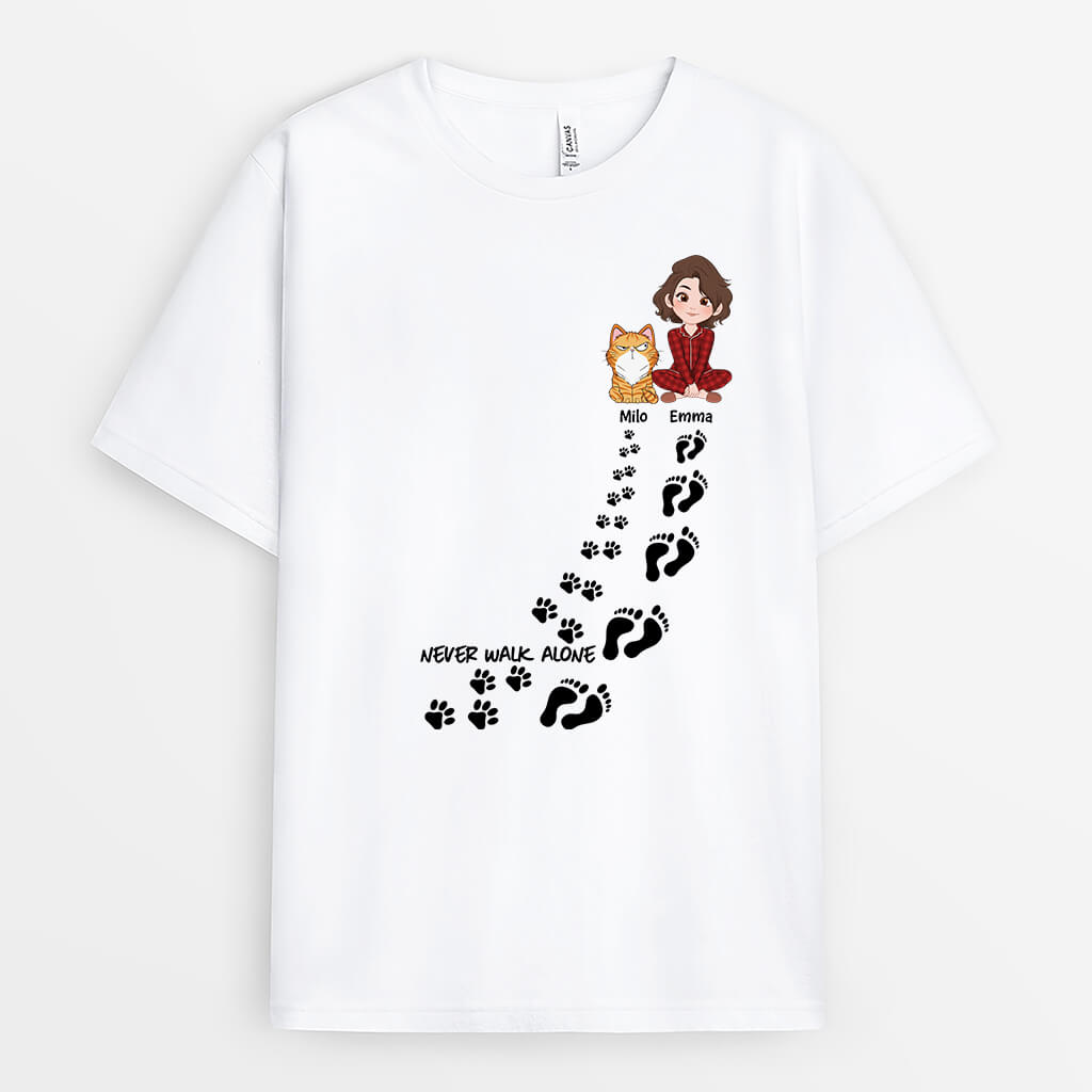 3228AUK1 never walk alone girl and cat  customised t shirt for cat lovers uk