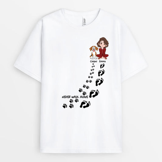 3228AUK1 never walk alone girl and dog  customised t shirt for dog lovers uk