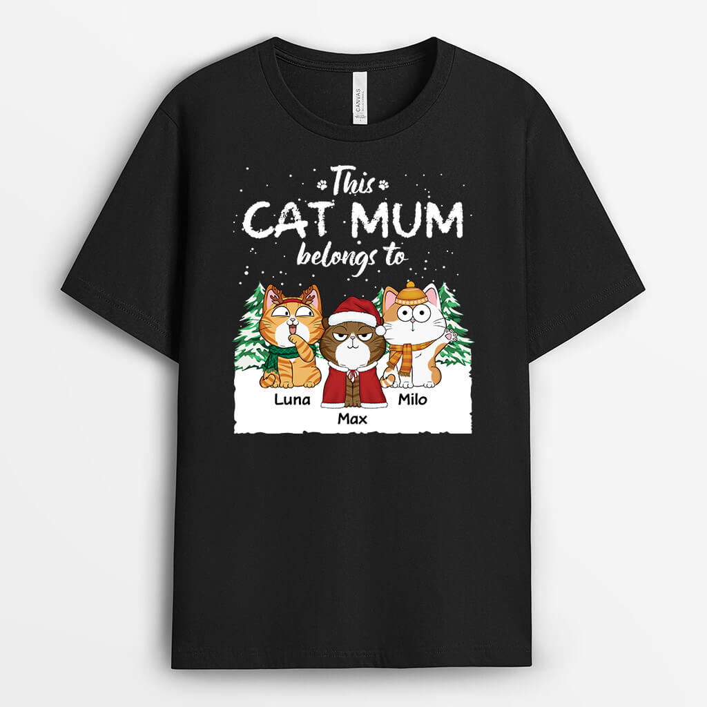 3322AUK1 personalised this cat mum belongs to snow design t shirt  christmas gifts for her