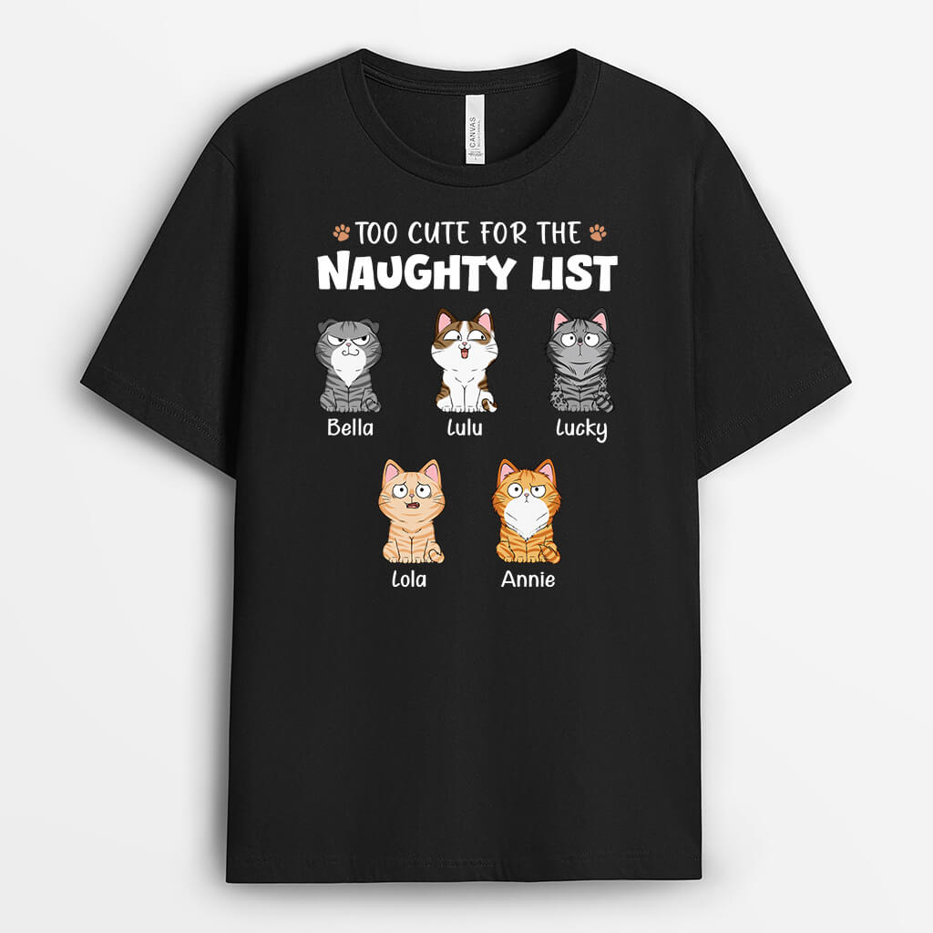 3324AUK2 personalised too cute for the naughty list  personalised t shirt for cat lovers