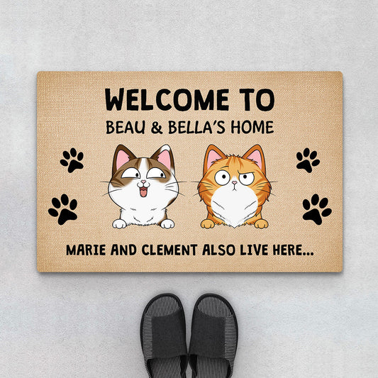 3336DUK1 personalised welcome to our home playful cats version doormat  custom gifts for cat lovers