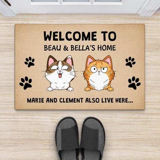 3336DUK2 personalised welcome to our home playful cats version doormat  custom gifts for cat lovers