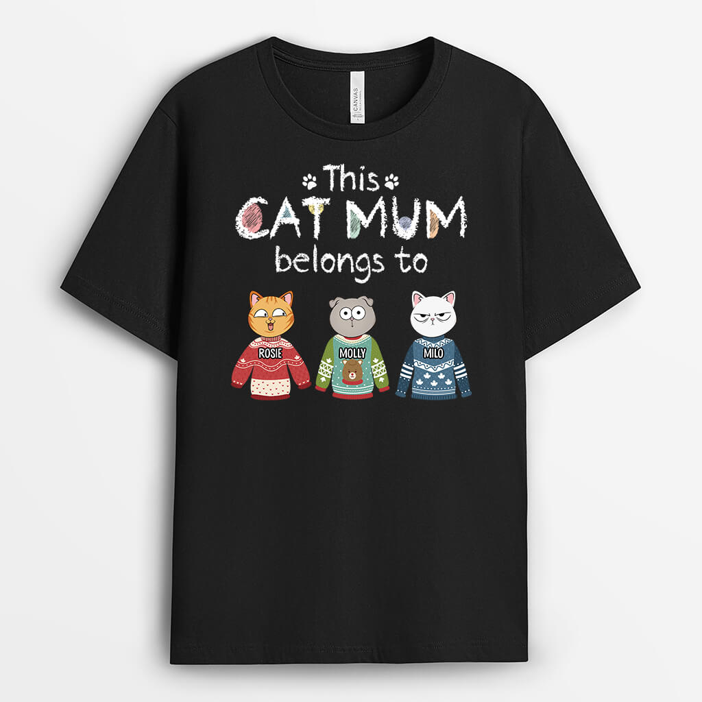 3374AUK1 this cat mum belongs to christmas theme t shirt  personalised gifts for her