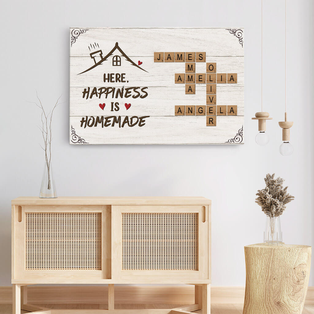 3429CUK3 here happiness is homemade crossword canvas  personalised family gifts