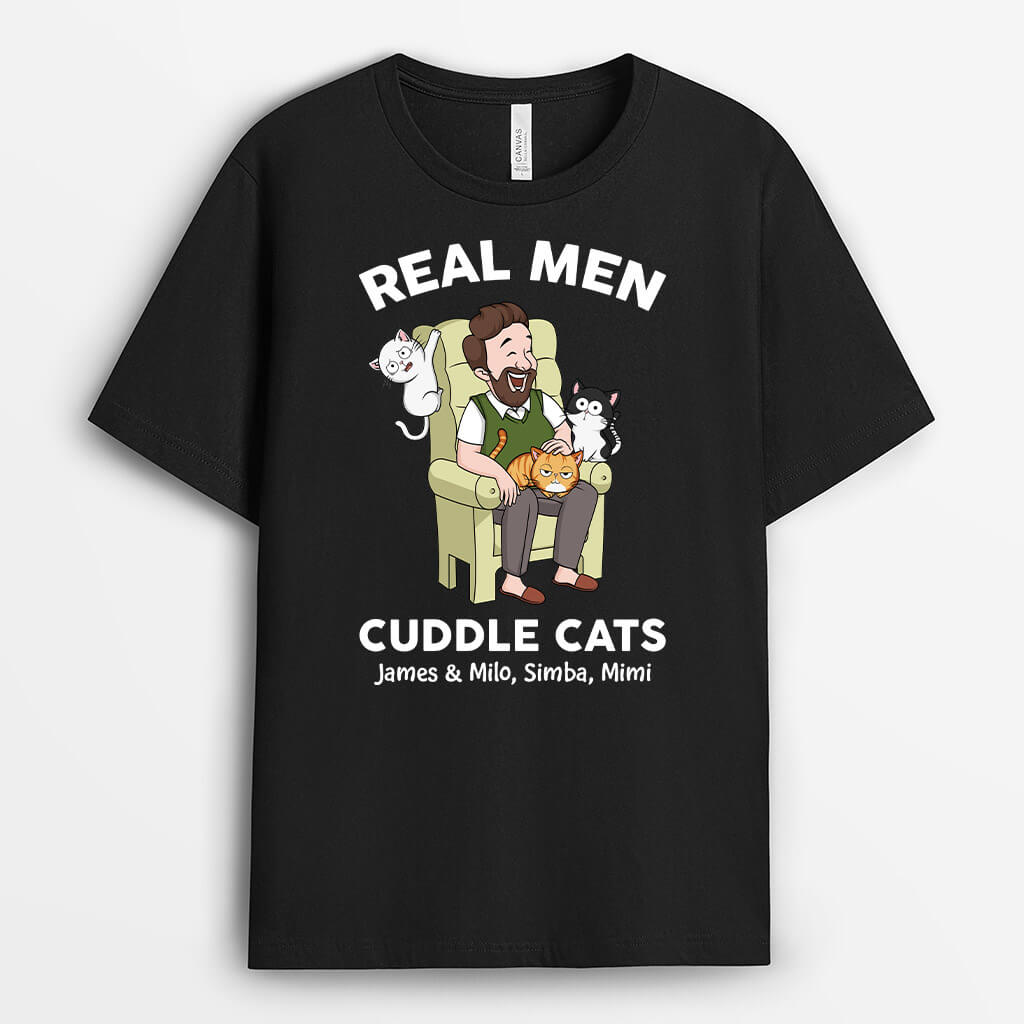 3481AUK1 real men cuddle cats t shirt  personalised gifts for cat dad